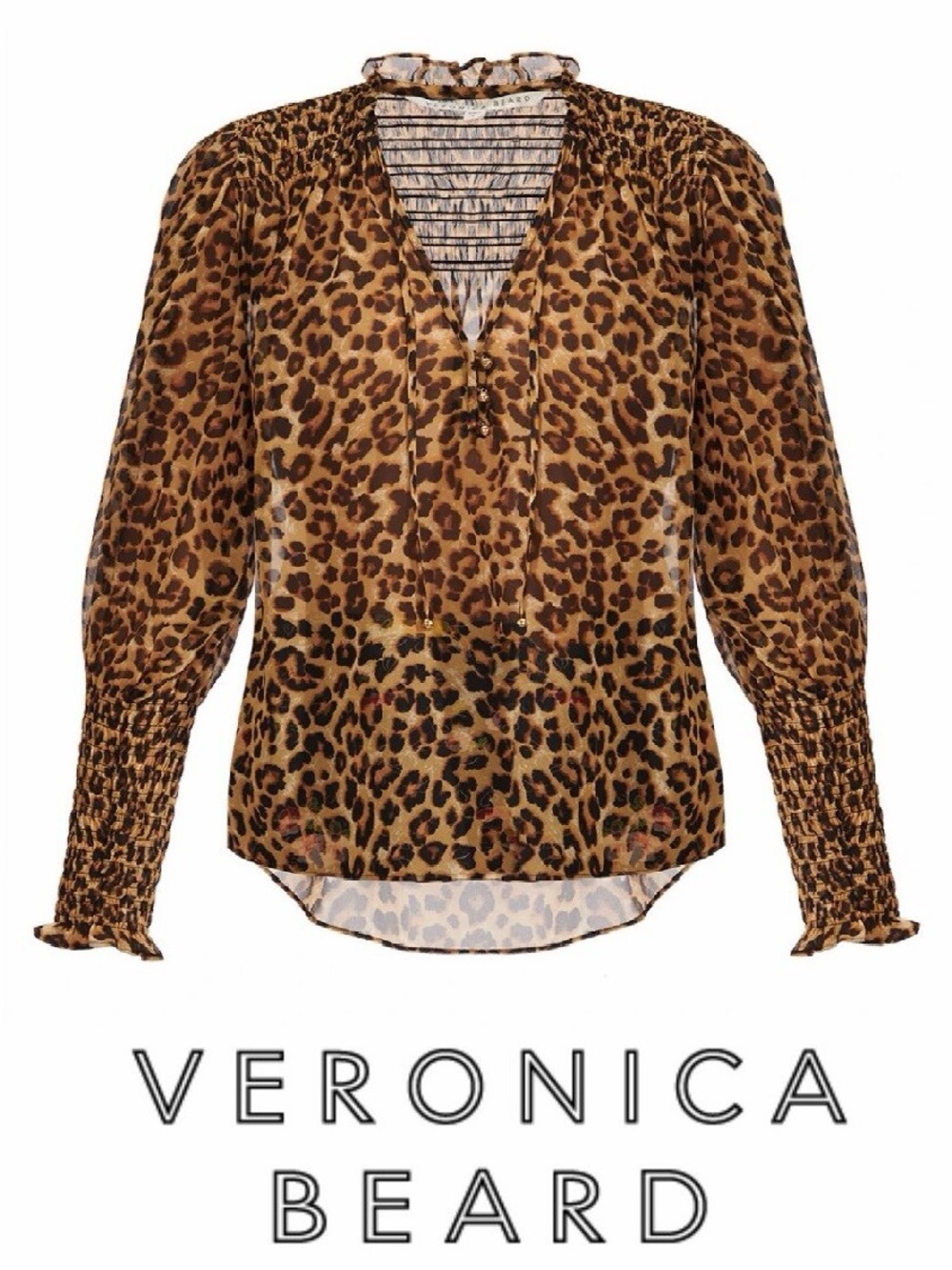 Veronica Beard Brown Leopard-Print V-Neck Smocked-Sleeve Blouse